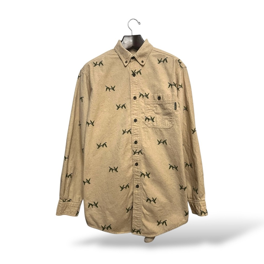 Woolrich Tan Button-Up Shirt with Green Pattern, Large